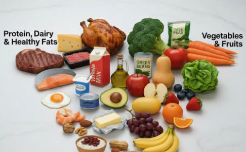 A spread of fresh foods — meat, poultry, dairy, fruit and vegetables — arranged on a white surface.